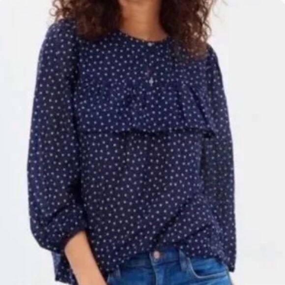 J. Crew Blouse Navy Blue White Tiny Cherries Top Career Casual Sz Small. - Picture 1 of 4